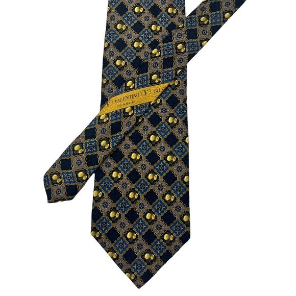 Valentino Cravatte Vintage Men’s Sil Tie Italy Blue Gold Geometric Pattern - Picture 3 of 10